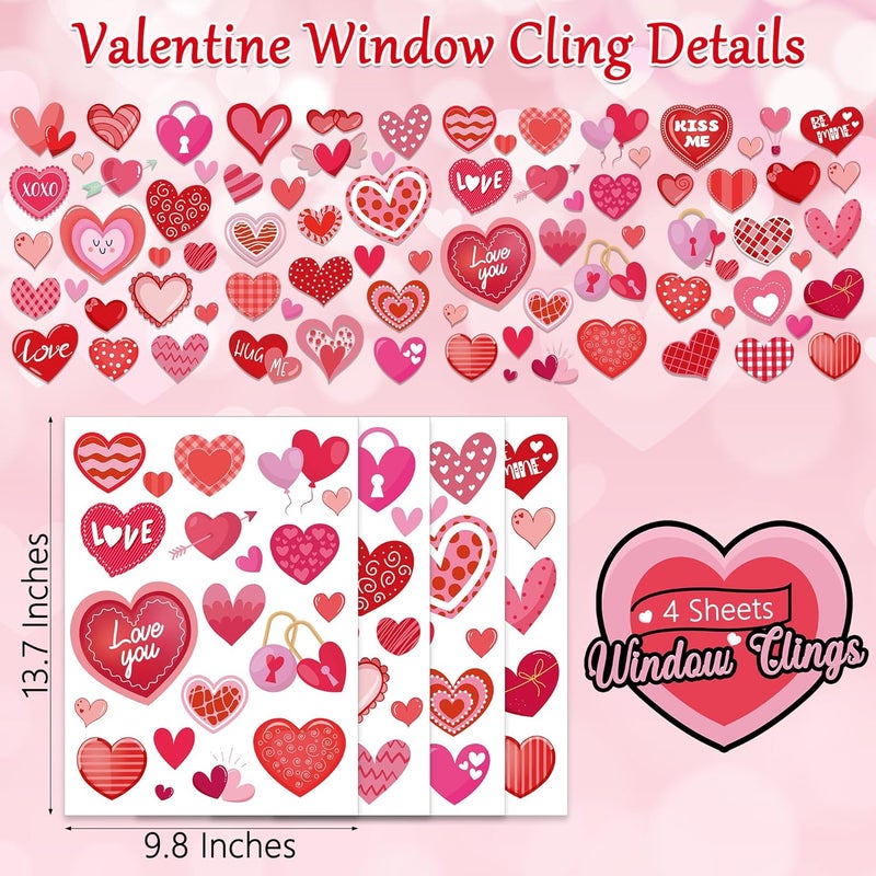 Traplace 80PCS Valentines Window Clings, 4 Sheets Valentines Home Decor, 13.7 × 9.8 Inches Heart Window Clings Double-Sided Heart Stickers for Classroom, Wedding Romantic Decorations - Image 2